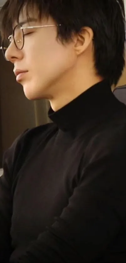 Stylish profile picture in a black turtleneck on phone wallpaper.