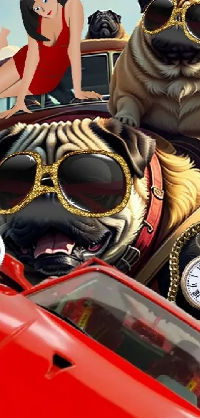 Pug in sunglasses with vintage car and cartoon style in vibrant colors.