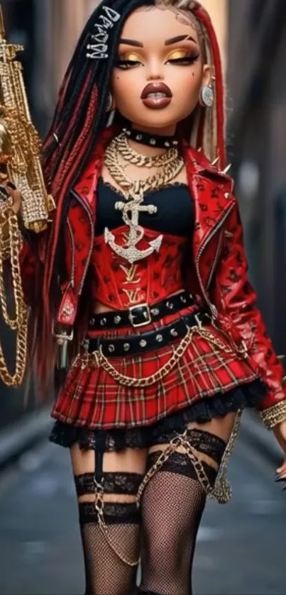 Punk fashion character in red attire with bold accessories.