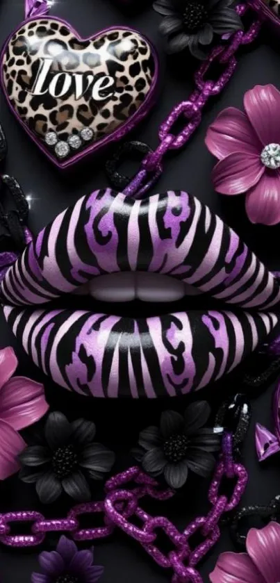 Purple lips and black floral art design.