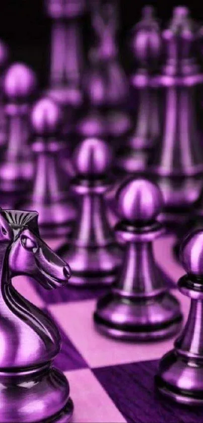 Stylish metallic purple chess pieces on a vibrant board.