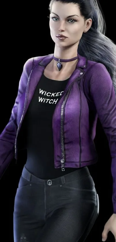 Character with purple jacket on black background.