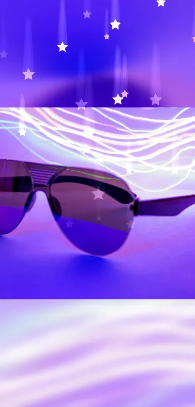 Stylish purple sunglasses with glowing stars and a neon background.