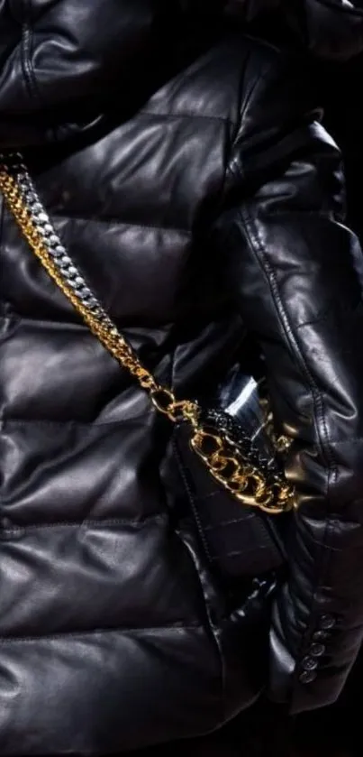 Black quilted leather jacket with gold chain detail.