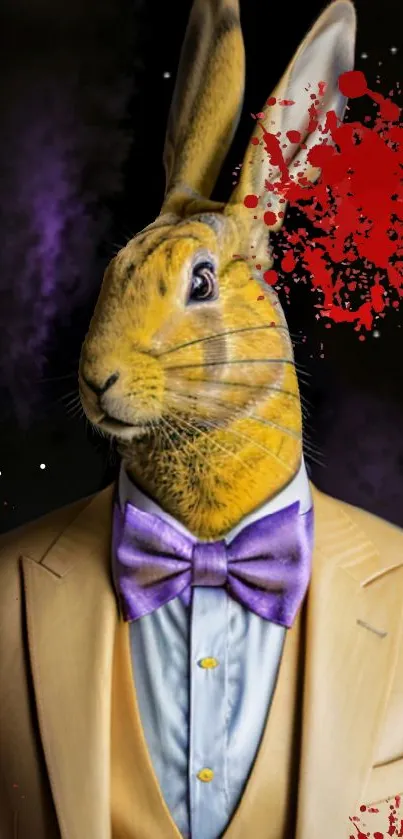 Dapper rabbit in a suit with purple bow tie and red splashes.