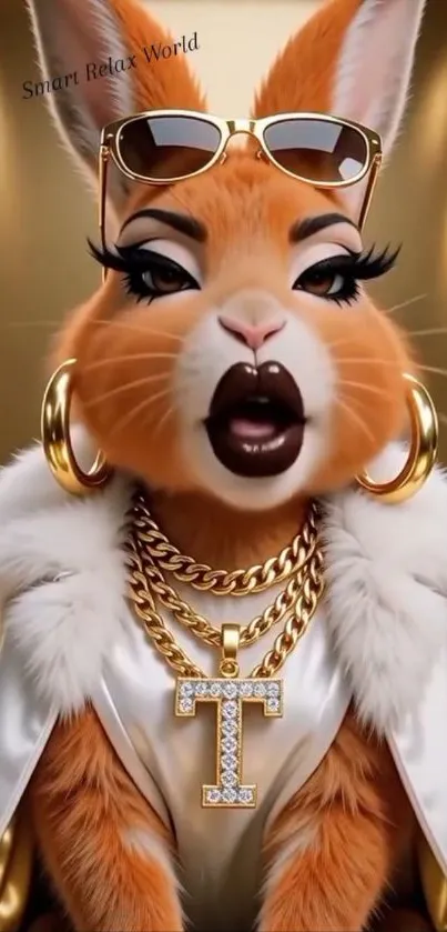 Stylish rabbit with gold jewelry, sunglasses, and luxurious clothing.