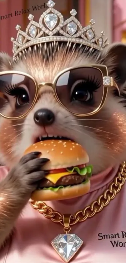 Stylish raccoon wearing sunglasses and a crown, eating a burger.