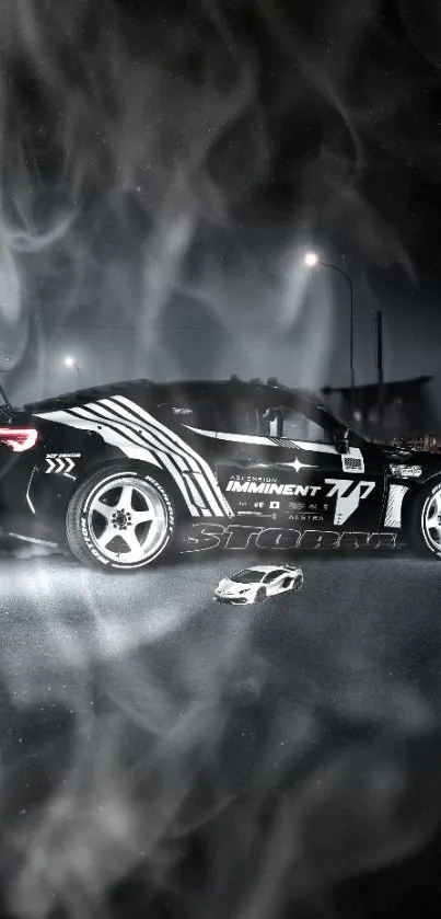 Racing car with smoke at night, creating a dramatic mobile wallpaper.