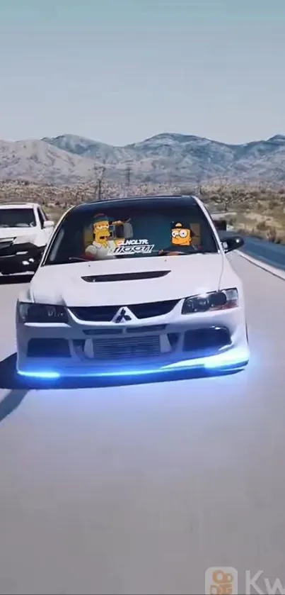 White racing car with blue lights on a desert highway.