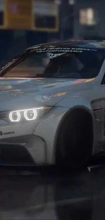 Sleek racing car speeding through a city street at night.