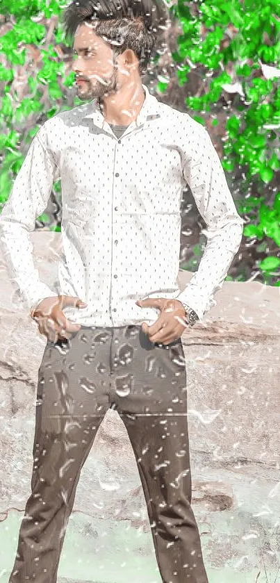 Man in white shirt with raindrops on a vibrant green background.