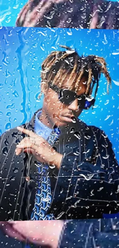 Stylish portrait wallpaper with raindrop effect on a blue background.