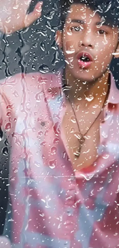 Stylish young man behind rain-soaked glass wall.