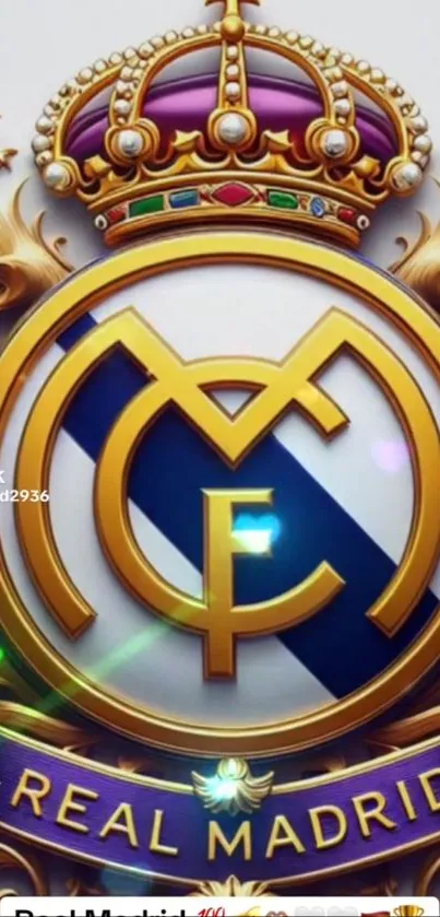 Real Madrid stylish emblem wallpaper with gold and purple details.