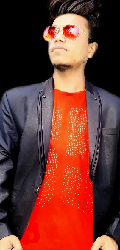 Fashionable red shirt with black jacket on a dark background.