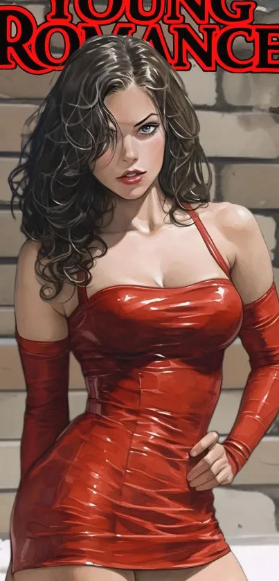 Illustration of a woman in a striking red dress with a stylish background.