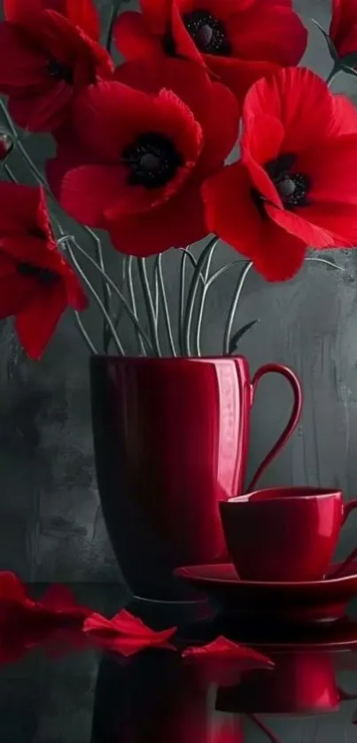 Modern red flower bouquet with teacup and vase.