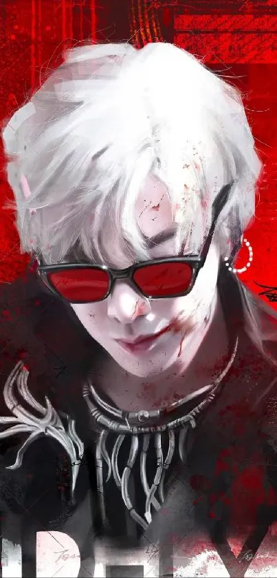 Stylish figure with red accents and sunglasses in artistic wallpaper.