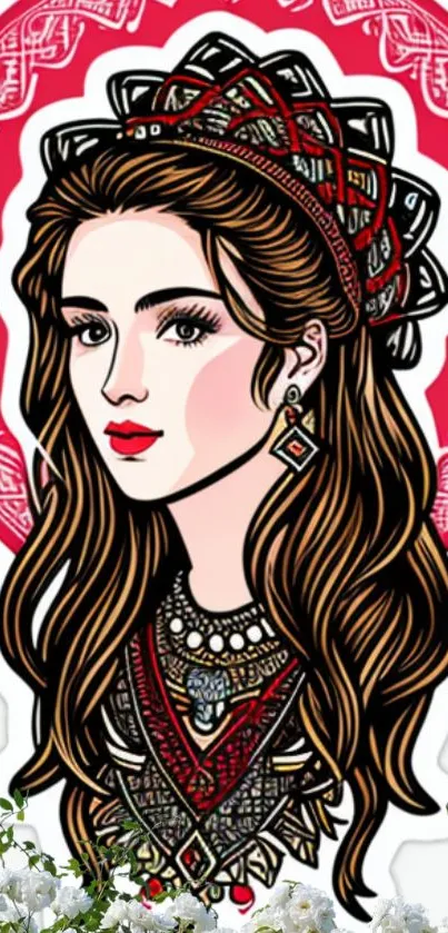 Intricate red graphic portrait on a mobile wallpaper.