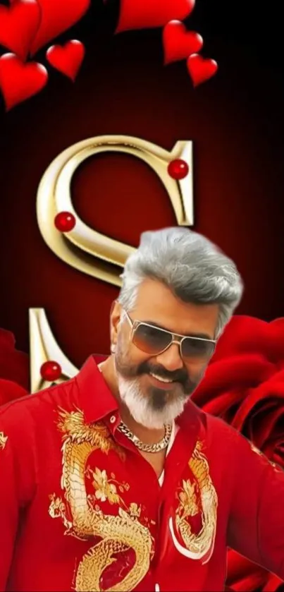 Stylish person in red with hearts and roses on a black background.