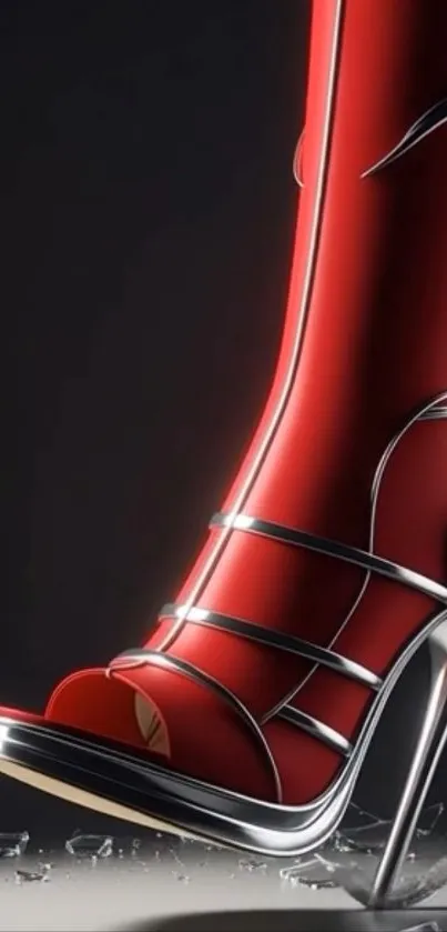 Red high heel with metallic design on dark background.
