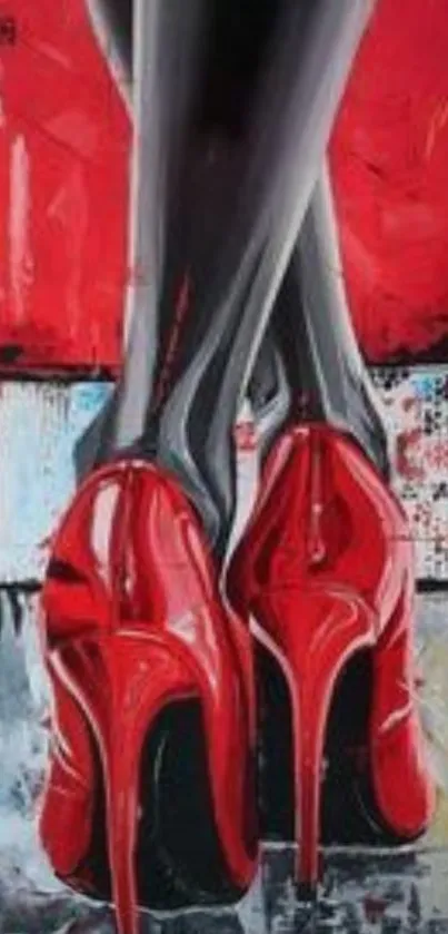 Abstract art of red stilettos against a vibrant background.