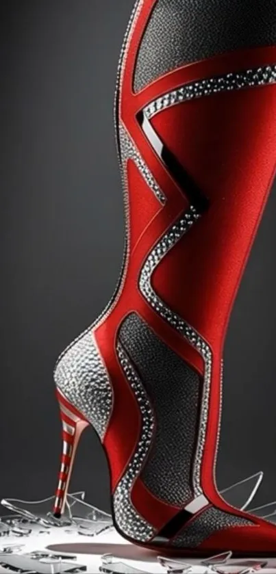 Artistic red high heels with avant-garde design on glass shards.