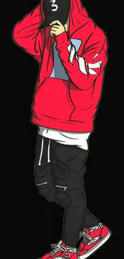 Stylish figure in a red hoodie with a black background.