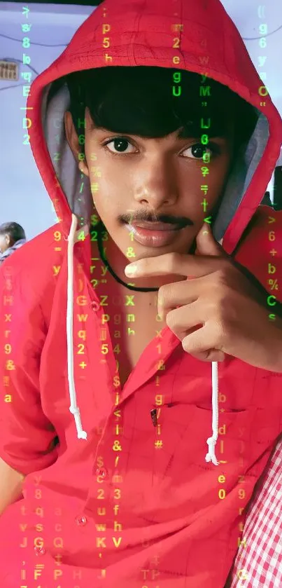 Young man in red hoodie posing stylishly indoors.