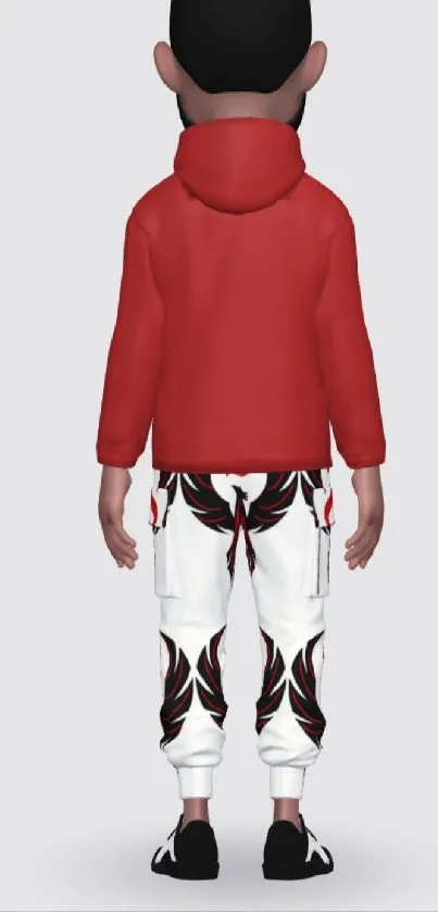 Cartoon character in red hoodie with patterned pants from behind.