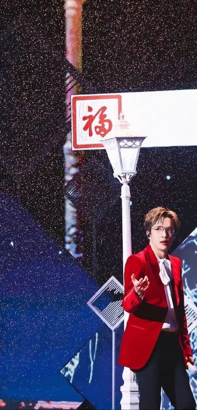 Person in red jacket under urban night lights.