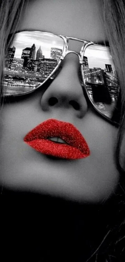 Stylish wallpaper featuring red lips with city reflection sunglasses.