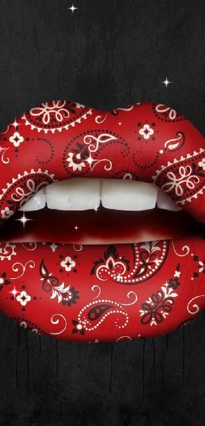 Red lips with paisley patterns on dark backdrop.