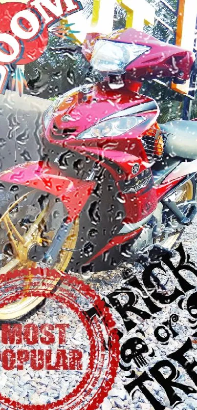 Stylish red motorcycle with vibrant graphics.