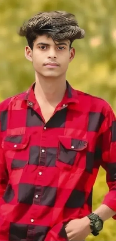 Young man in red plaid shirt in nature.