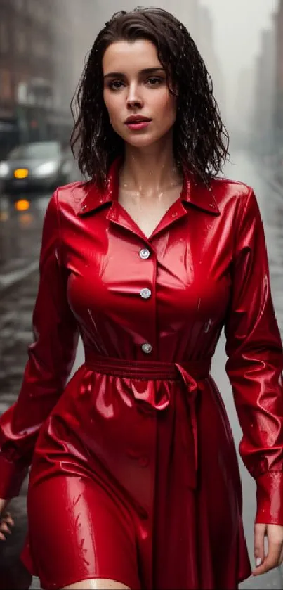 Woman in red raincoat walking on rainy city street.