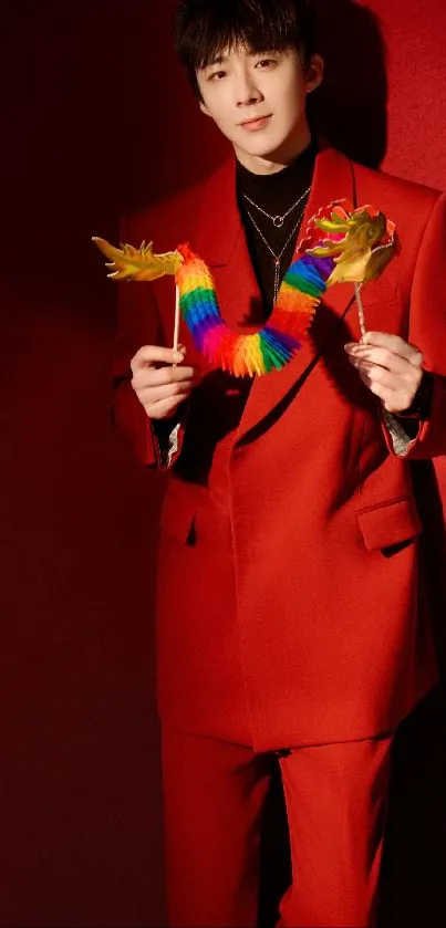 Person in a stylish red suit holding a colorful garland on a red background.