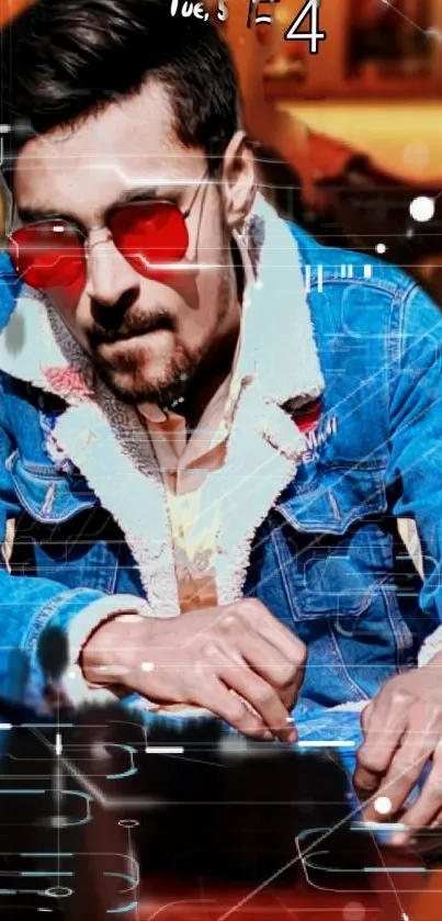 Man wearing red sunglasses and denim jacket, stylish wallpaper.