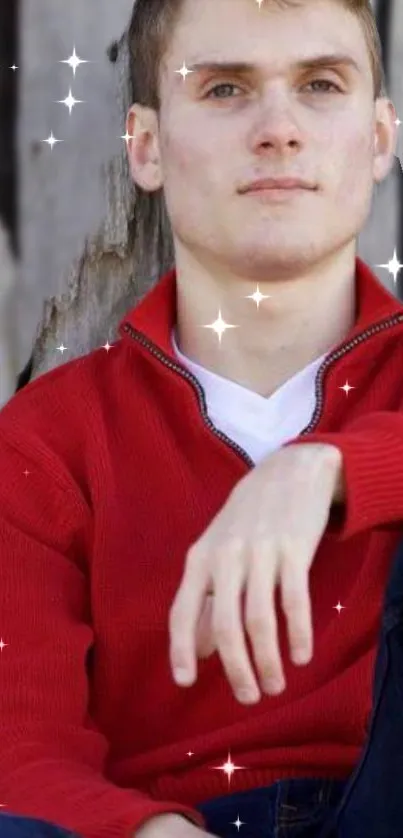 Person in red sweater with sparkles and rustic background.