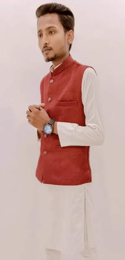 Young man in red vest with white kurta against a plain background.