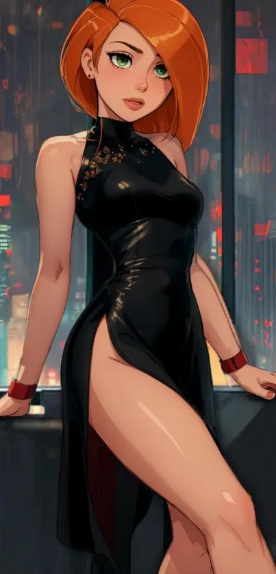 Redhead character in black dress with cyberpunk city background.