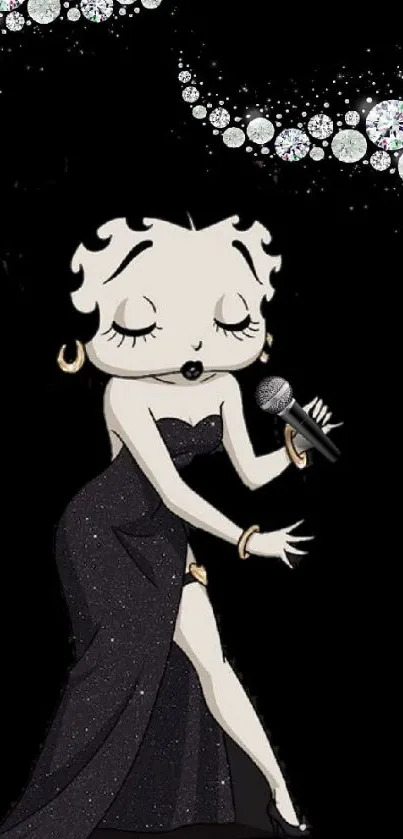 Retro singer in black gown with microphone, illustrated in cartoon style.