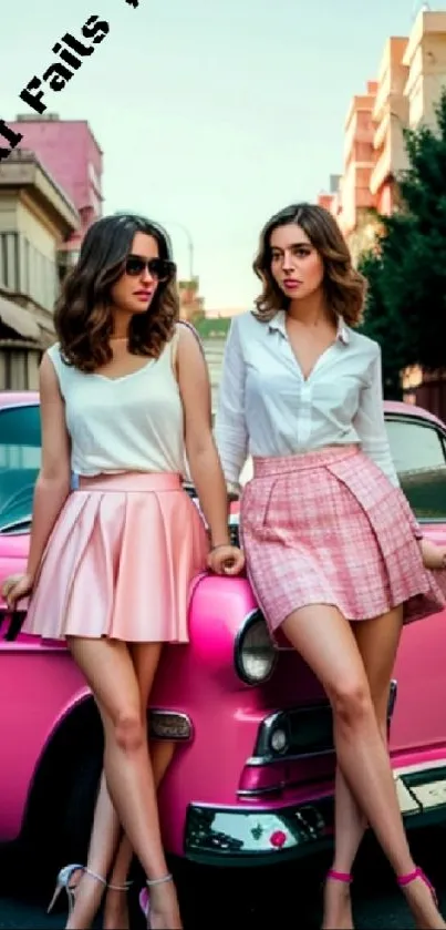 Stylish women pose by a classic pink car on a vintage street wallpaper.