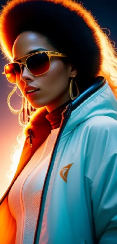 Stylish woman with sunglasses in vibrant retro attire under sunset glow.