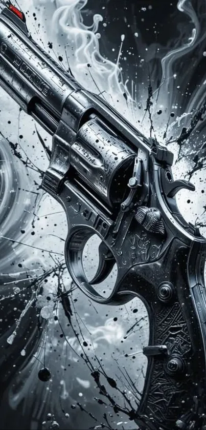 Black and white revolver art with abstract splash design.