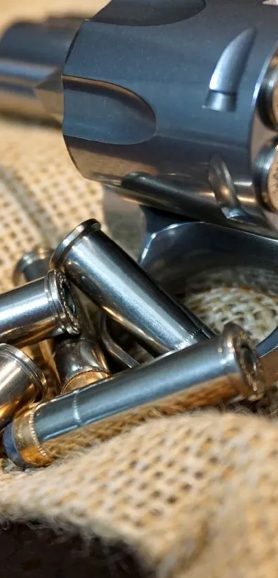 Close-up of a revolver with bullets on burlap fabric.