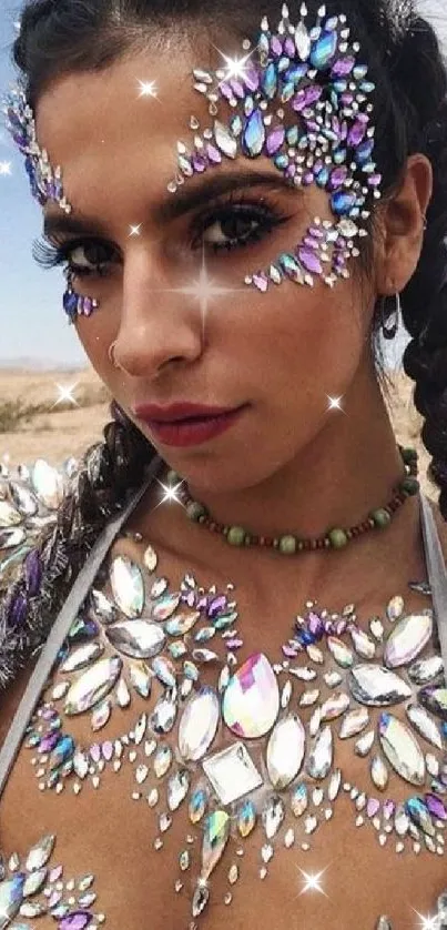 Woman with rhinestone artwork in desert setting.