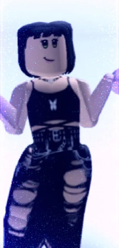 Roblox avatar with butterfly top and ripped jeans on a light blue background.