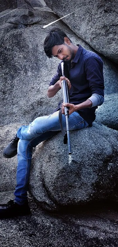 Young man with rifle sitting on rocky terrain in stylish pose.