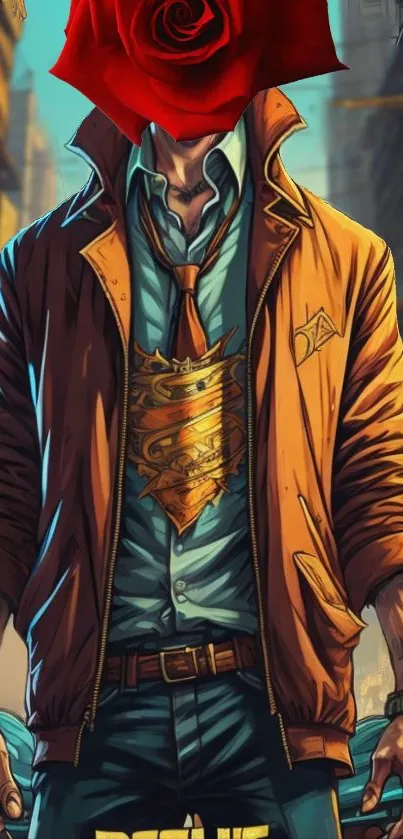 Stylish artwork of person with rose head and vibrant orange jacket.